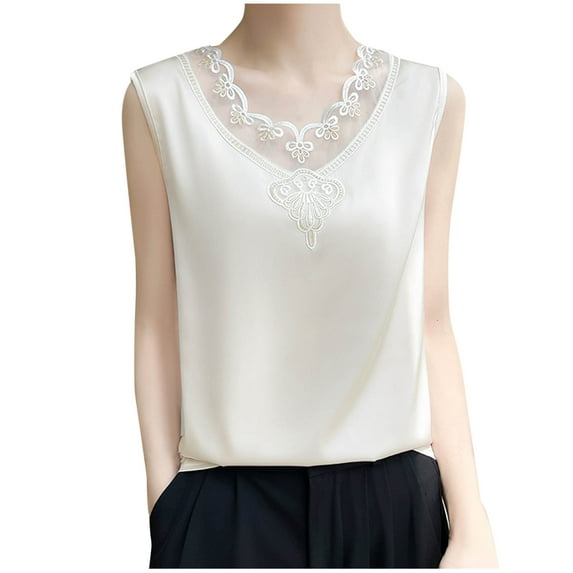 Lace V Neck Tank Tops for Women Trendy Embroidered Sleeveless Blouses Business Casual Elegant Floral T Shirts (XL, Beige)