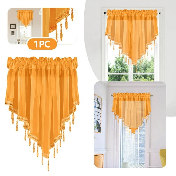 Lace Valance Curtain for Window, 51x24 Inch Light Filtering Kitchen Semi-Sheer Decorative Curtains, Short Cafe Curtain for Living Room Bathroom, Sheer Window Panel, Orange, Rod Pockets