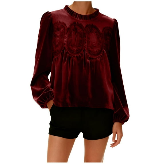 Lace Velvet Blouses for Women Holiday Long Sleeve Crew Neck Mesh Patchwork Tops Trendy Flowy Ruffle Hem Solid Color Shirt Casual Outfits 2025