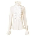 thumbnail image 1 of Lace Vintage Court Shirts for Women Long Sleeve High Neck Tunic Buttons Shirts Retro Blouses Beige,XL, 1 of 5