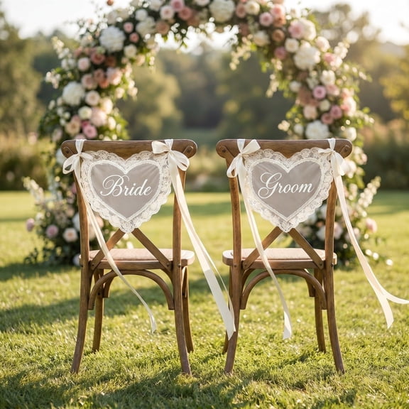 Lace Wedding Chair Signs With Long Satin Ribbons, Bride and Groom Heart Chairs Back Decor for Wedding Reception Ceremony