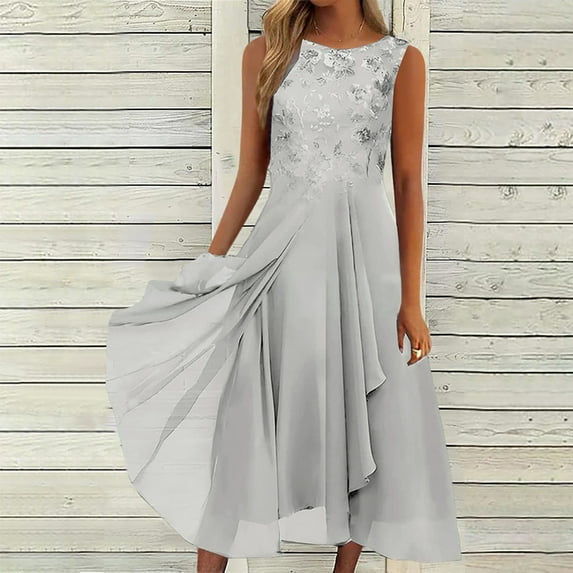 Lace Wedding Guest Dresses for Women Fall,Mother of The Bride Dresses for Wedding Sleeveless Lace Appliques High Low Chiffon Round Neck Formal Evening Dresses