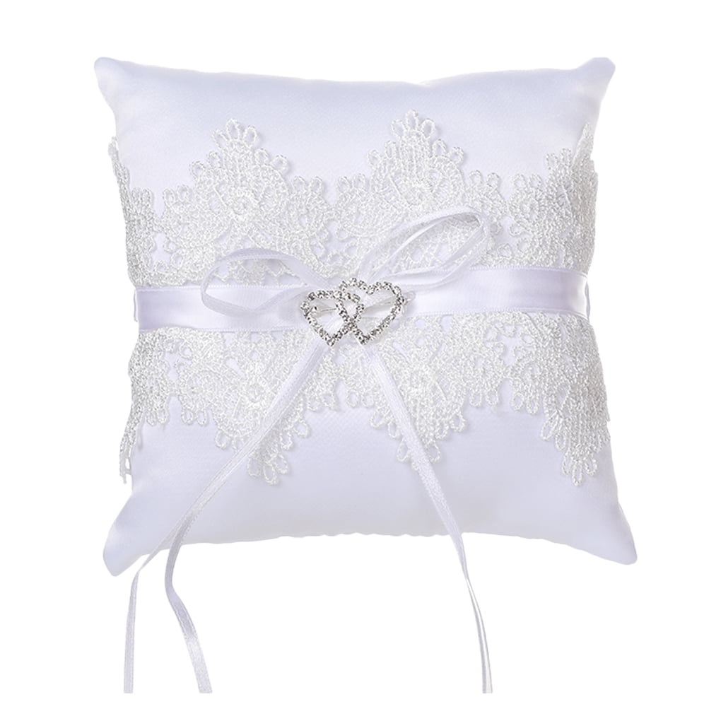 Lace Wedding Ring Pillow Crystal Double Heart Ring Cushion Bearer
