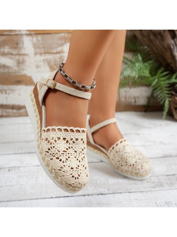 Lace Wedge Sandals for Women, Wide Width Closed Toe Espadrilles Dressy, Summer Low Heel Orthopedic Platform Sandals with Adjustable Ankle Buckle Beach Shoes, 41
