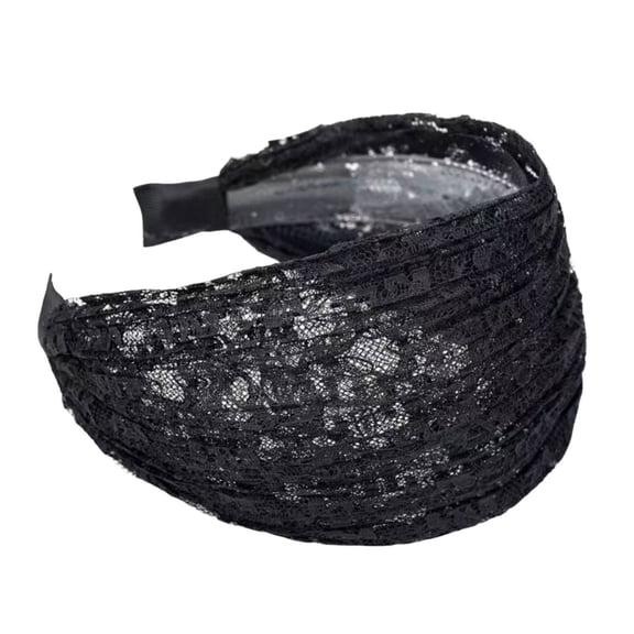 French Vintage Wide Lace Headband ,Elegant White Hair Ornament for Women, Double-Layer Lace Anti-Slip Wide Side Lace Headband, Non-Skid Hair Band for Yoga & Makeup,Black