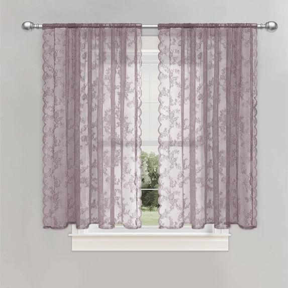 Lace Window Curtain French Floral Semi‑Sheer Curtain Panels with Rod Pocket Scalloped Edge Light Filtering Privacy Drape for Home Window Decor Dark Purple 2Pcs Panel