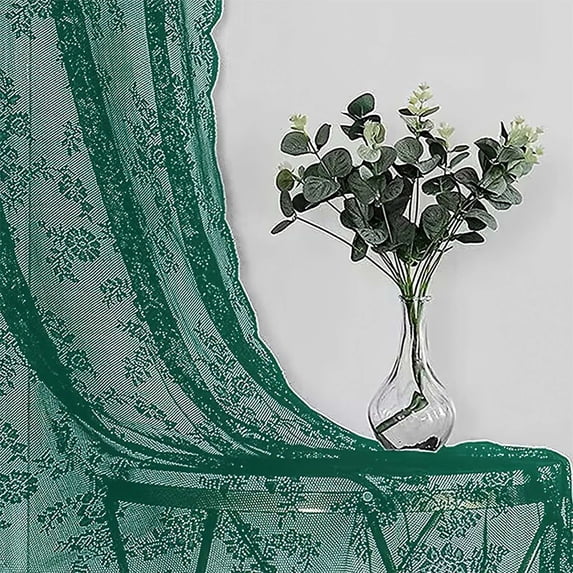 Lace Window Curtain French Floral Semi‑Sheer Curtain Panels with Rod Pocket Scalloped Edge Light Filtering Privacy Drape for Home Window Decor Green 1Pcs Panel