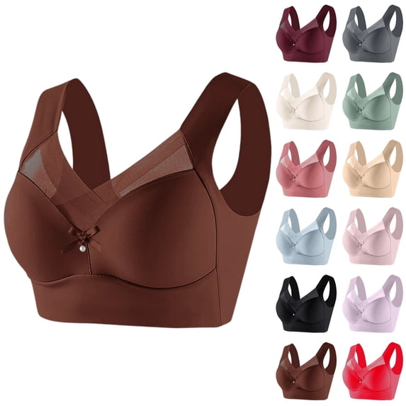 Lace Wireless Bras for Women Wide Strap Push Up Support Lift Everyday Breathable Side Thin Anti Armpit Fat Lingerie | Bras for Women No Underwire Coffee 40