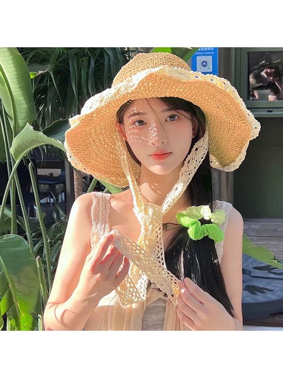 Lace Women Straw Hat Wide Brim Hollow Out Korean Handwoven Visors Bucket Cap