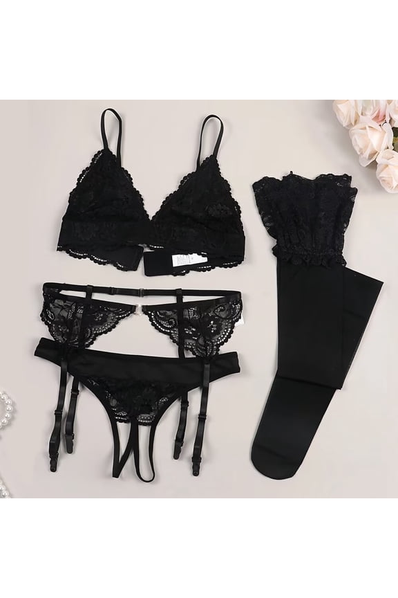 Lace Women's Lingerie Set Wireless Brassiere Breathable Lace Bra and Panty Garters Thigh-high Socks Set