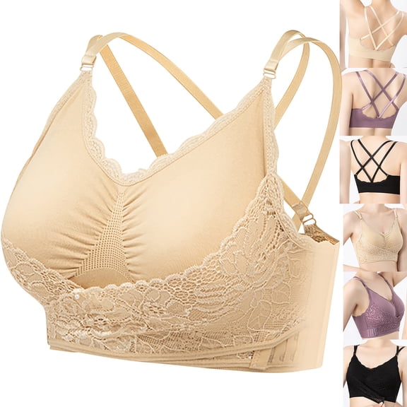 Lace Women's Sports Bra Soft Non-Wire Side Button Yoga Top Casual Underwear for Comfort and Style #Beige,L