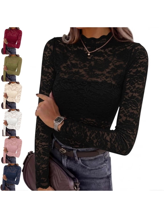 Lace Womens Tops Sheer Mesh Long Sleeve Business Casual Going Out Tops Trendy Fall Womens Blouses