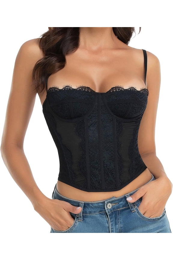 Lace bust women's tight corset top - sexy button up party club top - black M
