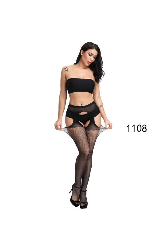 Lace transparent lingerie with garter belt, black sexy no-removal waist-high fishnet stockings, non-slip garter belt