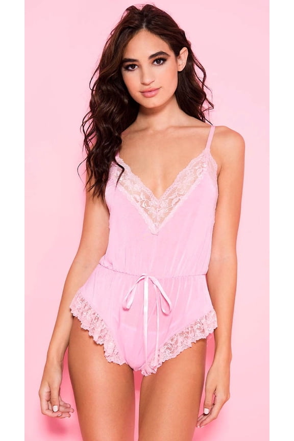 Lace trim flounce romper with tying waist line - Style: 80085-PINK