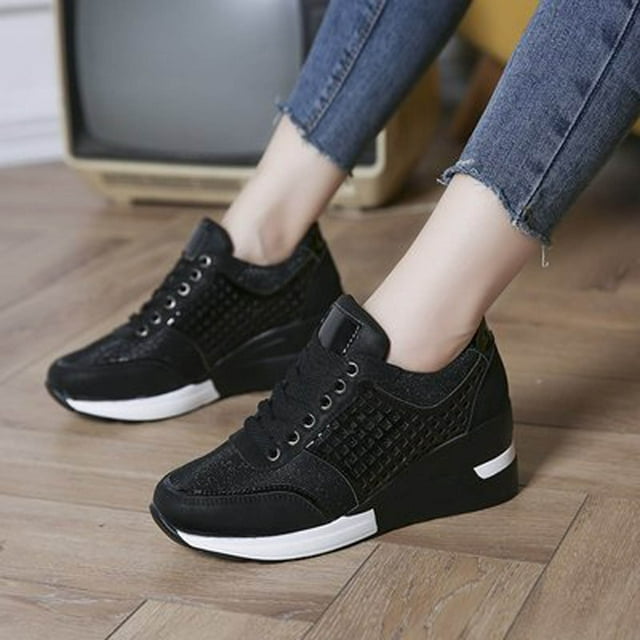 Lace-up Casual Platform Wedge Heel Sequined Single Shoes Sneakers Women ...