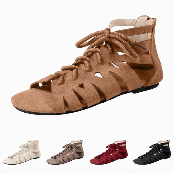 Lace up Gladiator Sandals for Women Suede Strappy Flat Ankle Boots with Back Zipper Open Toe Cut out Daily Casual Shoes Brown Size 6