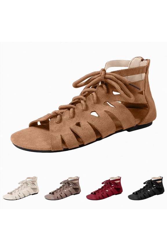 Lace up Gladiator Sandals for Women Suede Strappy Flat Ankle Boots with Back Zipper Open Toe Cut out Daily Casual Shoes Brown Size 8.5