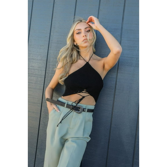 Lace-up Halter Knit Bralette