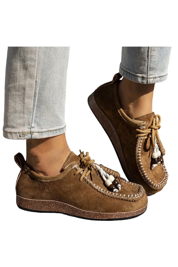 Lace up Loafers for Women Suede Classic Beaded Stitching Platform Walking Shoes Casual Lightweight Boat Shoes Brown Size 8
