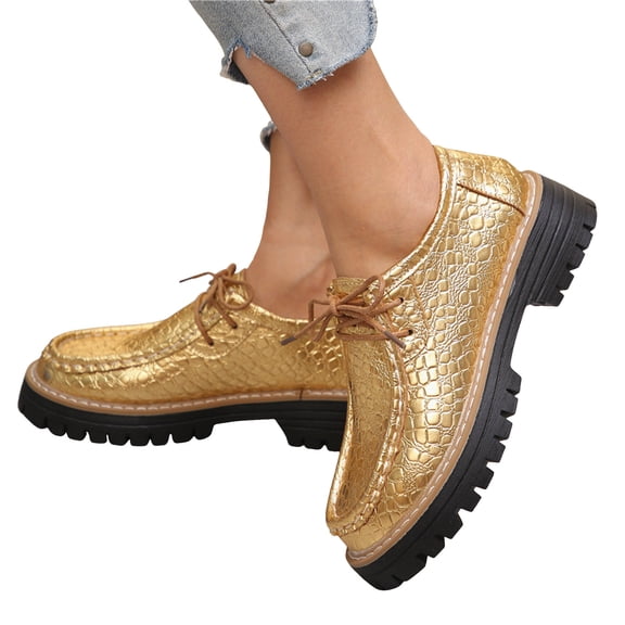 Lace up Loafers for Women Trendy Stitching Round Toe Walking Shoes Lug Sole Chunky Heel Casual Dress Shoes Gold Size 7.5
