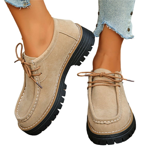 Lace up Loafers for Women Trendy Stitching Round Toe Walking Shoes Lug Sole Chunky Heel Casual Dress Shoes Khaki Size 8.5