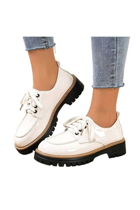 Lace up Loafers for Womens Platform Casual Non Slip Daily Work Mules Chunky Lug Sole Patent Leather Business Dress Shoes White Size 6.5