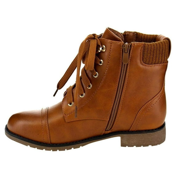 Lace up Military Style Combat Ankle Bootie Women's Boots Vegan Leather - 5.5 / Camel