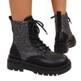 thumbnail image 1 of Lace up Riding Boots for Women Trendy Sparkly Round Toe Chunky Lug Sole Waterproof Leather Long Booties, 1 of 8