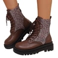 thumbnail image 1 of Lace up Riding Boots for Women Trendy Sparkly Round Toe Chunky Lug Sole Waterproof Leather Long Booties, 1 of 7