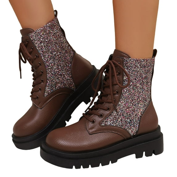 Lace up Riding Boots for Women Trendy Sparkly Round Toe Chunky Lug Sole Waterproof Leather Long Booties