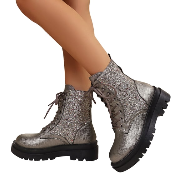 Lace up Riding Boots for Women Trendy Sparkly Round Toe Chunky Lug Sole Waterproof Leather Long Booties