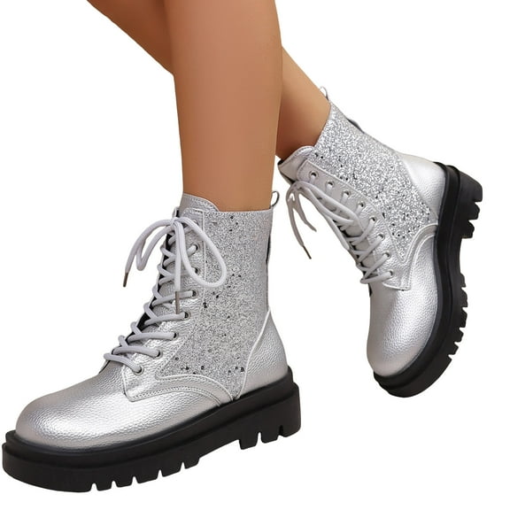 Lace up Riding Boots for Women Trendy Sparkly Round Toe Chunky Lug Sole Waterproof Leather Long Booties