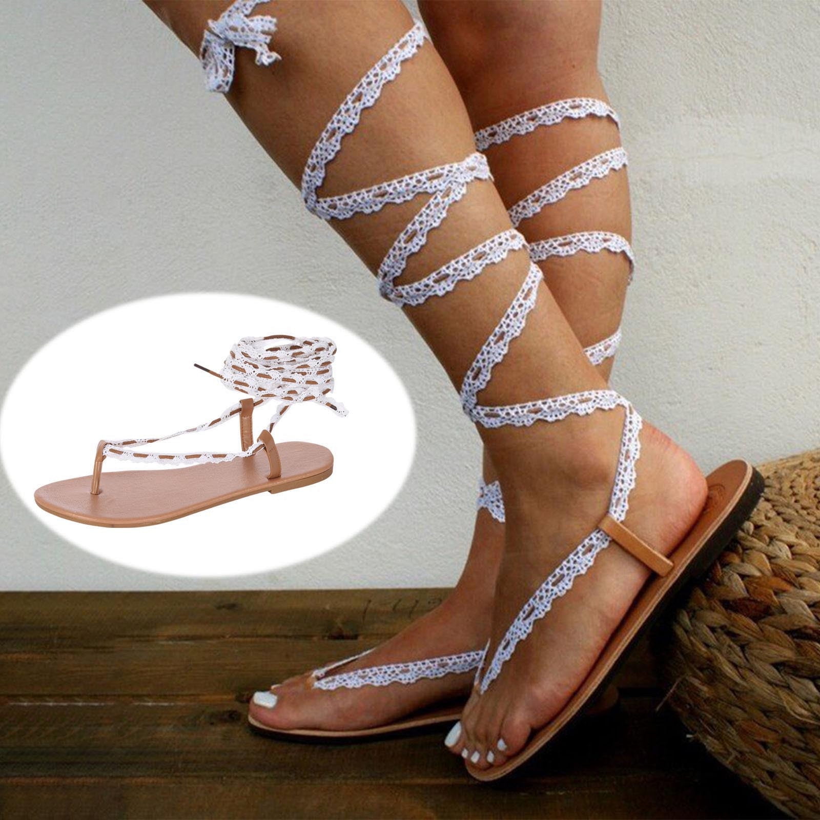 Lace up Sandals Women Girls 2023 Dressy White Flat Sandals Boho