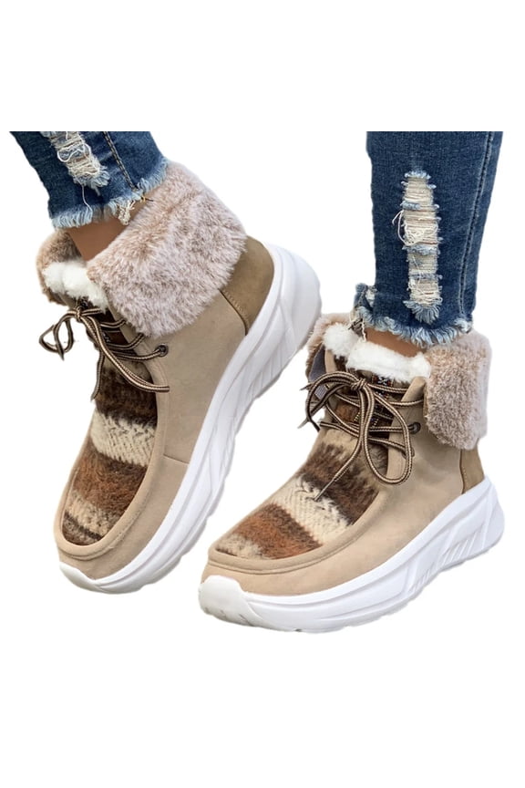 Lace-up Snow Boots Women's Fuzzy Mied-color Soft Sole Platform Thermal Lined Shoes Winter Non-slip Plush Boots