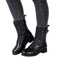 thumbnail image 1 of Lace up Winter Motorcycle Boots for Women Furry Lined Low Heel Side Zipper Mid Calf Combat Boots Waterproof Warm Snow Booties Black Size 7.5, 1 of 7