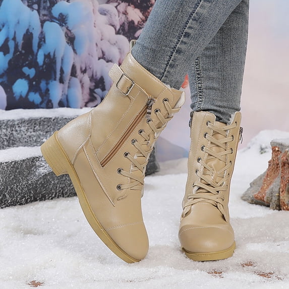 Lace up Winter Motorcycle Boots for Women Furry Lined Low Heel Side Zipper Mid Calf Combat Boots Waterproof Warm Snow Booties Brown Size 8.5