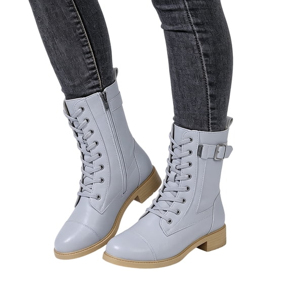Lace up Winter Motorcycle Boots for Women Furry Lined Low Heel Side Zipper Mid Calf Combat Boots Waterproof Warm Snow Booties Light Blue Size 8