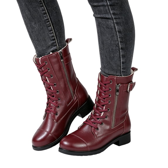 Lace up Winter Motorcycle Boots for Women Furry Lined Low Heel Side Zipper Mid Calf Combat Boots Waterproof Warm Snow Booties Wine Size 6.5