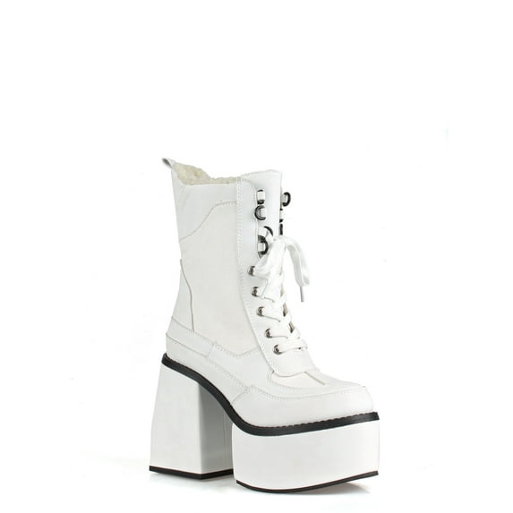 Lace up Women's Platform Block Heel Mid Calf Boots in White