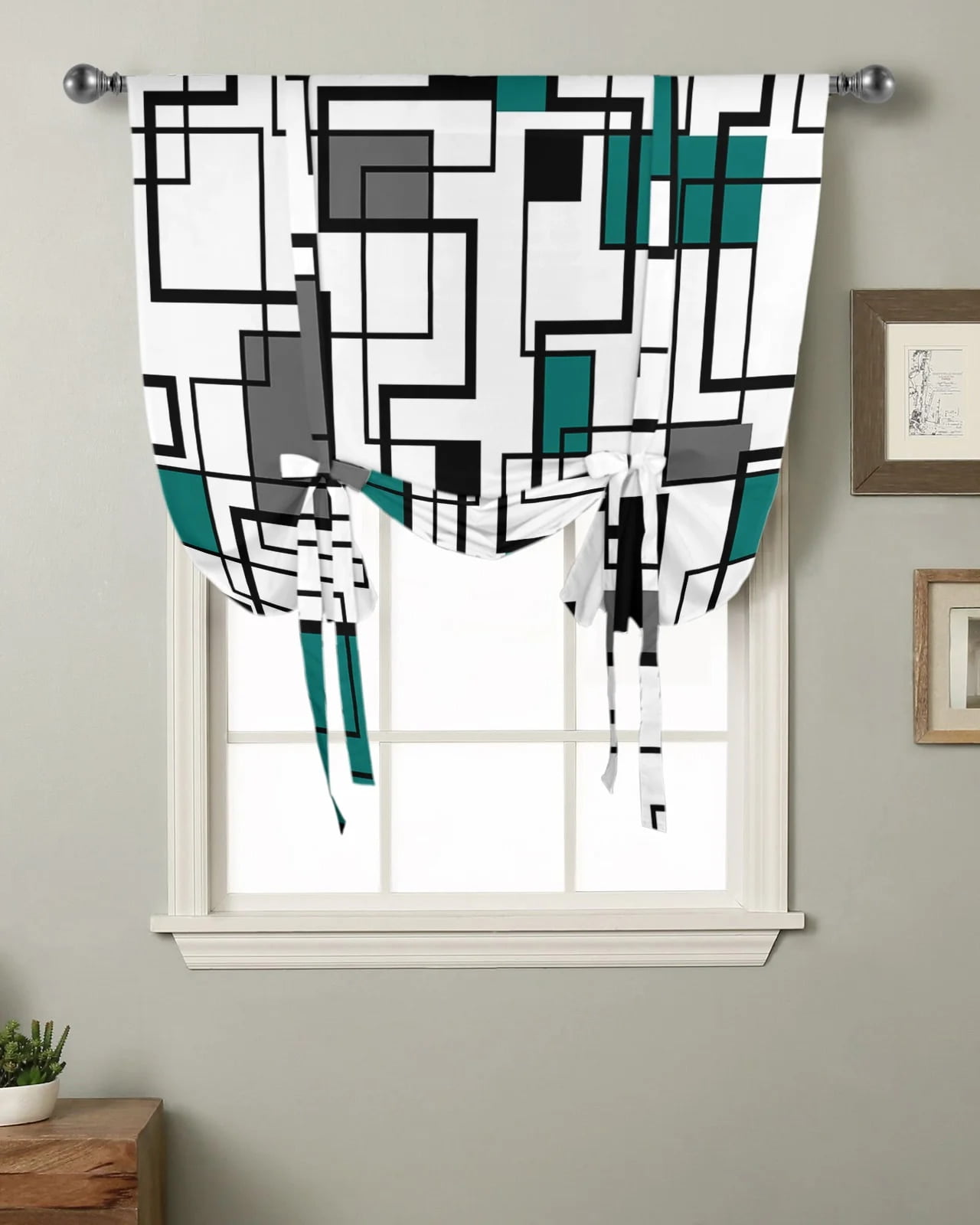 Lace up curtains Abstract Geometry Aqua Duck Green Kitchen Short Window