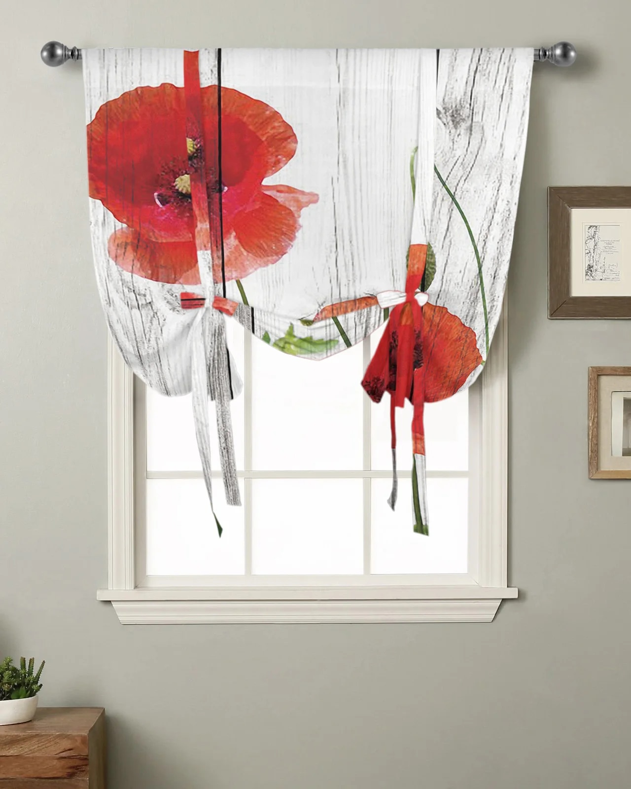 Lace up curtains Vintage Wood Red Flowers Poppy Kitchen Short Window ...