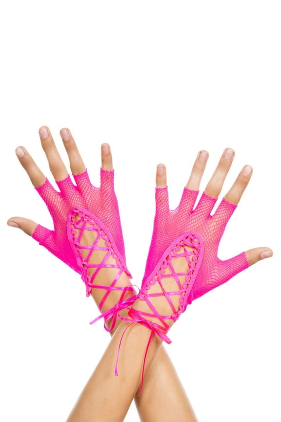 Lace up wrist length fishnet fingerless gloves 413-HOTPINK