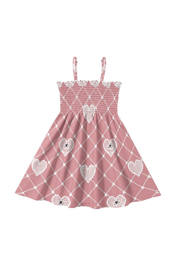 Lace with Hearts Valentine Girl's Adjustable Cami Dress Casual Sundress Smocked Ruffle A-Line 2T