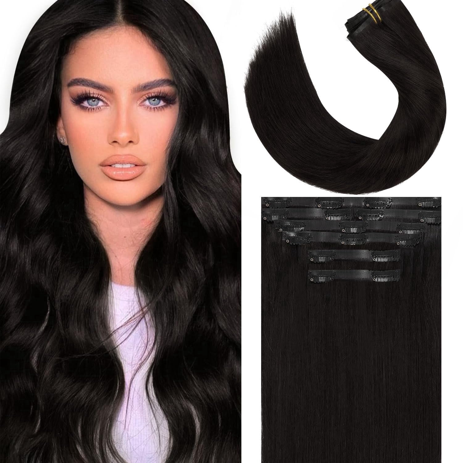 Hair Extensions Human Remy Black 16 Inch 110g 7Pcs Seamless Clip Ins Seamless PU Clip in Hair Extensions Human Hair Body Wave  main image 4