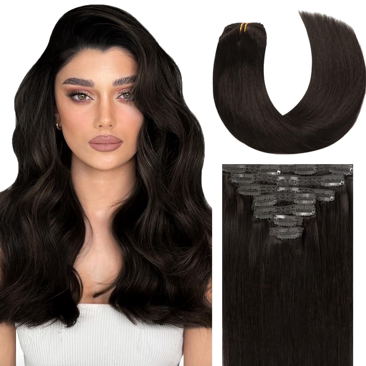 30 Inch Clip In Human Hair Extensions 7 Piece Set 120g Straight Kinky Straight Clip In Hair Extensions Natural Black  main image 2