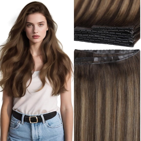 Lacer Butterfly Invisible Weft Human Hair Extensions 14 Inch Micro Beaded Double Wefts Hair Extensions Chestnut Brown Mixed Dark Brown With Dark Brown Roots Handmade Twin Tabs Weft Width 31.5" 100G