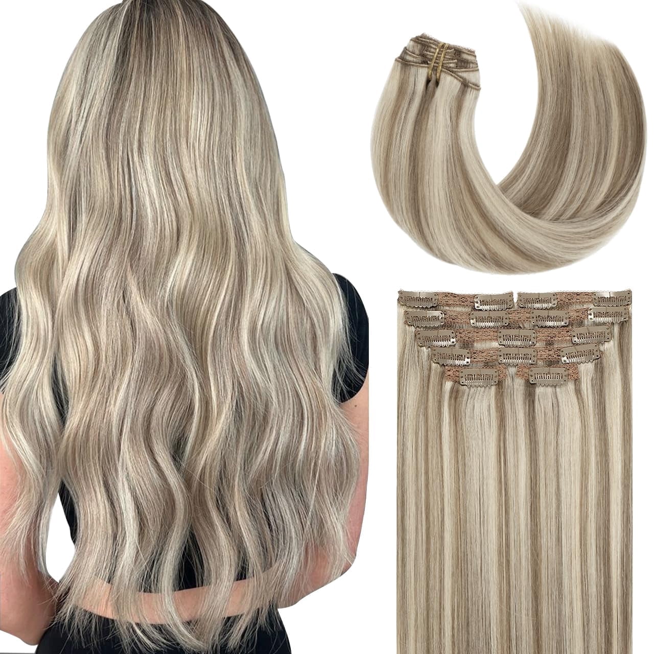 Lacer Clip in Hair Extensions Real Human Hair Golden Blonde Highlight Platinum Blonde Remy Human Hair Extensions Clip ins for Women 14 Inch 120g 7Pcs Natural Human Hair