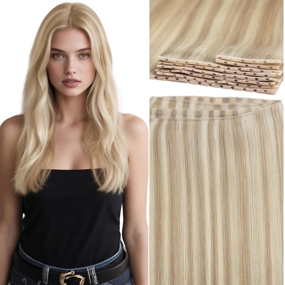 Lacer Double Hand Tied OVO Weft Hair Extensions Human Hair 20 Inches Butterfly Hair Extensions Light Brown With Platinum Blonde Sew In Extensions Glueless Tape Width 31.5" 100G
