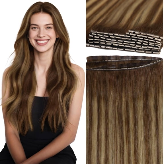 Lacer Double Layered Invisible Weft PU OVO Hair Extensions 14in Twin Tab Butterfly Genius Weft Hair Extensions Chocolate Brown To Caramel Blonde With Brown Roots Hand Tied Micro Beads 100G 31.5"